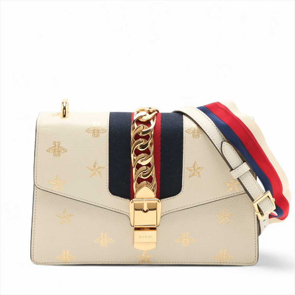 Gucci Sylvie Bee Star Leather Shoulder Bag Beige